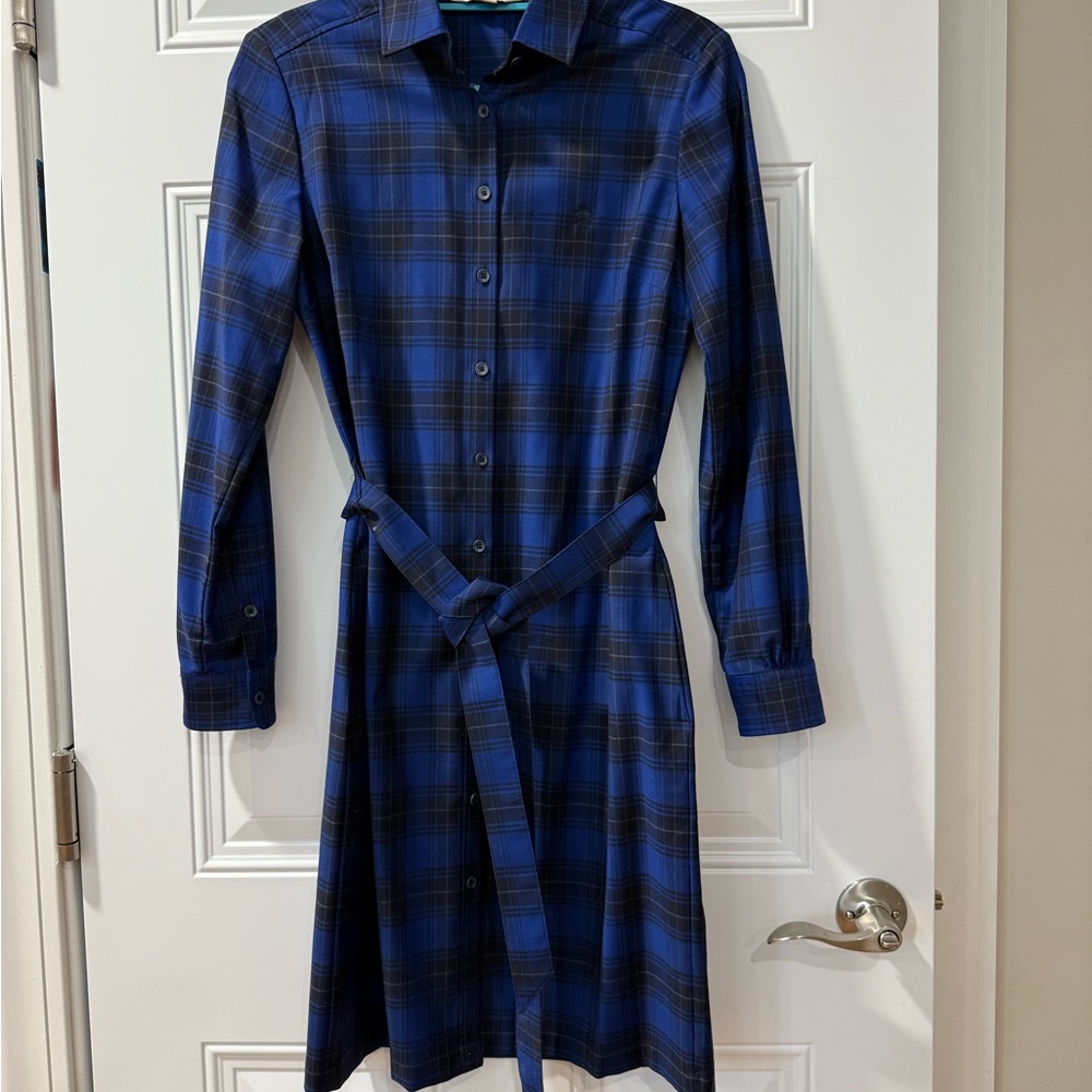 Blue and Black Long Sleeve Tie Front Shirt Dress